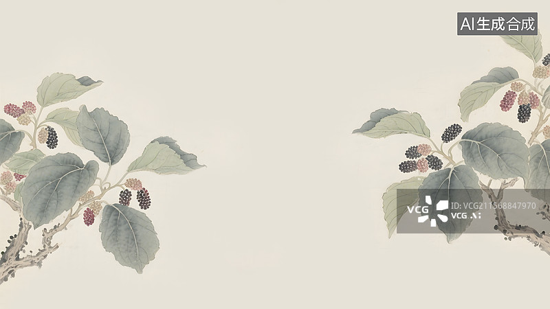 【AI数字艺术】水墨画桑叶桑葚桑树两侧图片素材