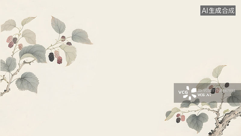 【AI数字艺术】水墨画桑叶桑葚桑树两侧图片素材