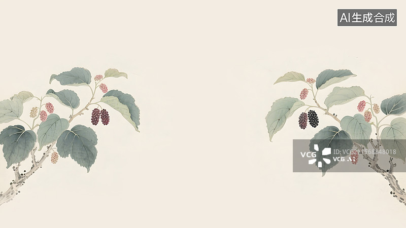 【AI数字艺术】水墨画桑叶桑葚桑树两侧图片素材