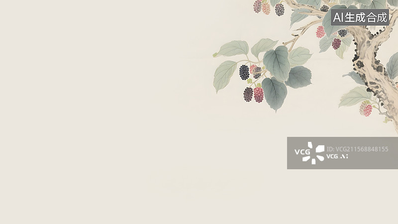 【AI数字艺术】水墨画桑叶桑葚桑树右上图片素材