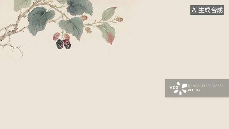【AI数字艺术】水墨画桑树桑叶桑葚左上图片素材