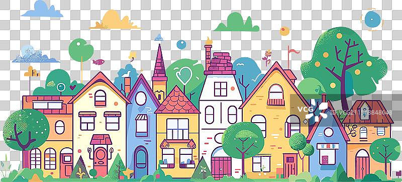 色彩缤纷的卡通村庄，各种奇幻的房屋图片素材