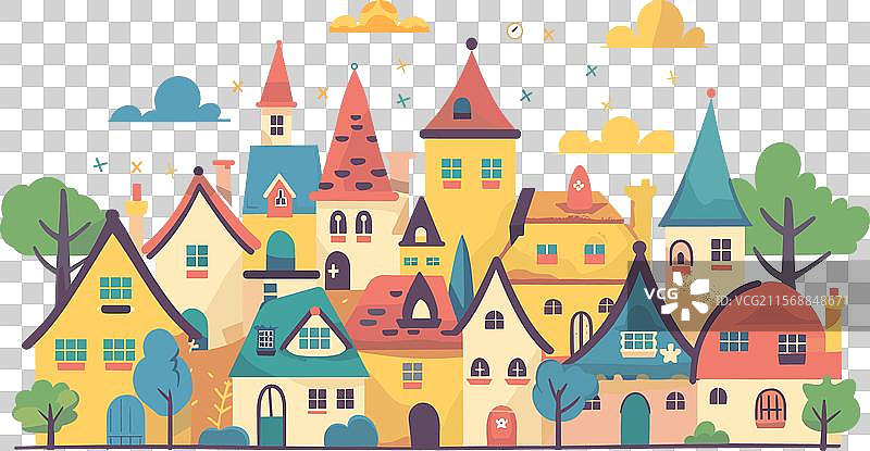 色彩斑斓的欧洲中世纪幻想村庄卡通图图片素材