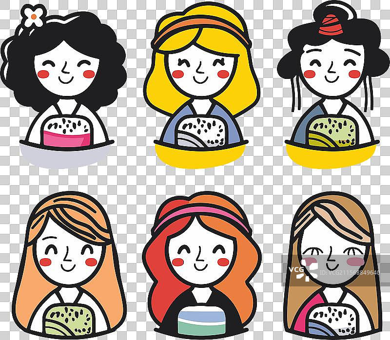 六位卡通女性享受各种甜点图片素材