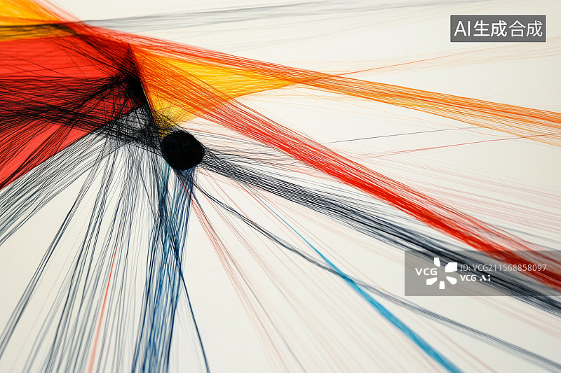 【AI数字艺术】黑色圆心连接多彩线条的抽象张力构图图片素材