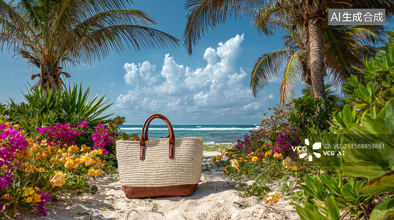 【AI数字艺术】沙滩海景，海边度假，旅行，海边的旅行包包图片素材