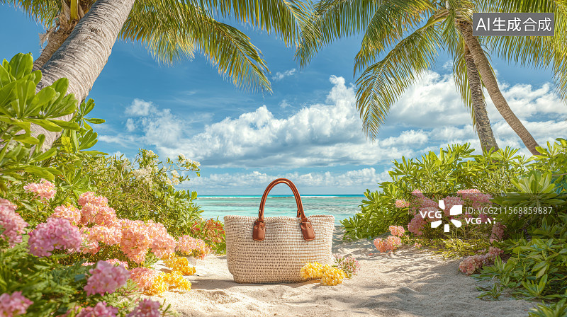 【AI数字艺术】沙滩海景，海边度假，旅行，海边的旅行包包图片素材