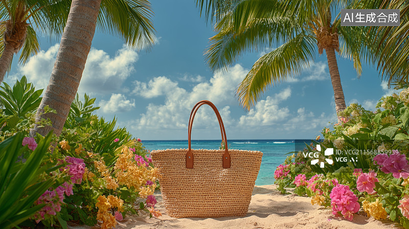 【AI数字艺术】沙滩海景，海边度假，旅行，海边的旅行包包图片素材