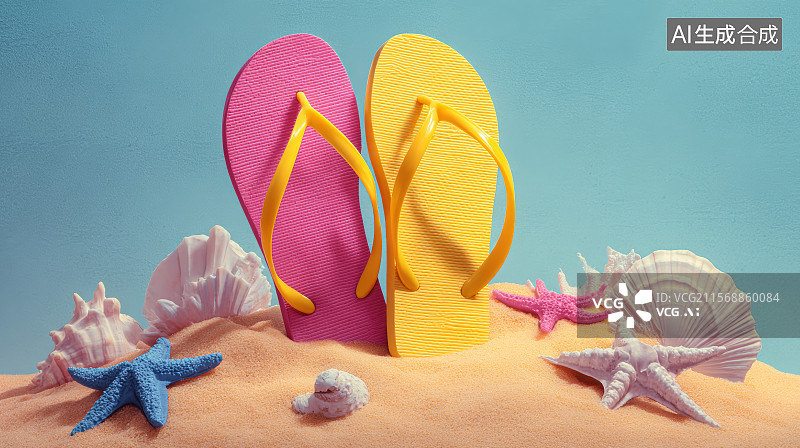 【AI数字艺术】沙滩上的拖鞋图片素材
