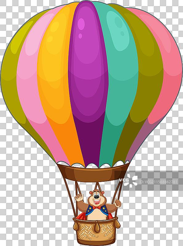熊在色彩斑斓的热气球上享受飞行图片素材