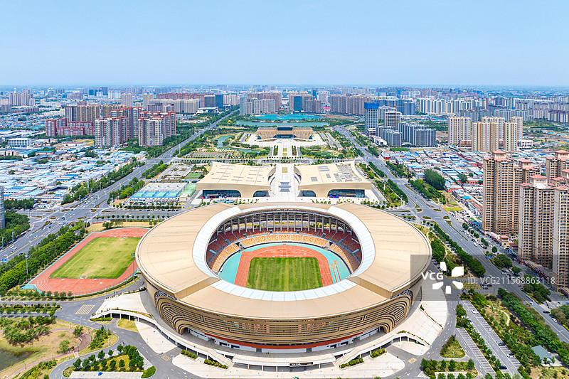 夏天航拍安阳文体中心体育场，安阳地标建筑图片素材