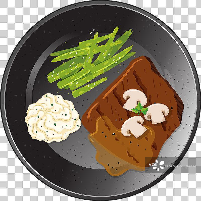 牛排配蘑菇、芦笋和土豆泥图片素材