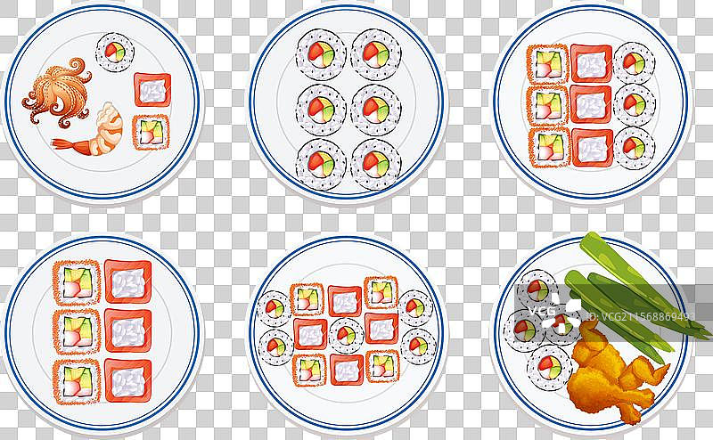 各种寿司和海鲜菜肴摆放在盘子上图片素材