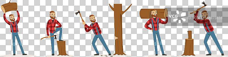 穿着格子衬衫的男子伐木工正在工作砍伐树木图片素材