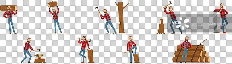 穿着格子衬衫的男子伐木工正在工作砍伐树木图片素材