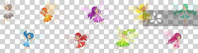 可爱的女孩仙女，拥有翅膀和五彩缤纷的裙子图片素材