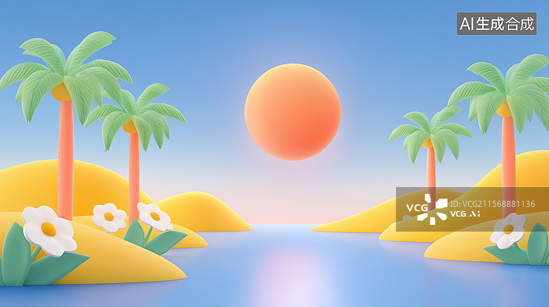 【AI数字艺术】3D热带海滨日落卡通风景插画图片素材