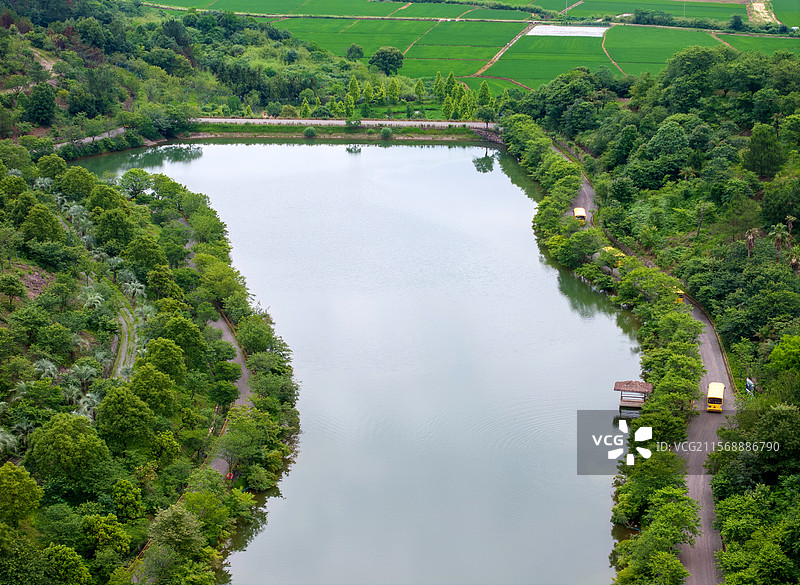 江西省金溪县乔治棕榈山庄生态旅游景区，绿树，湖泊，美景，水域，风光秀美秀丽，乡村旅游，航拍图。图片素材