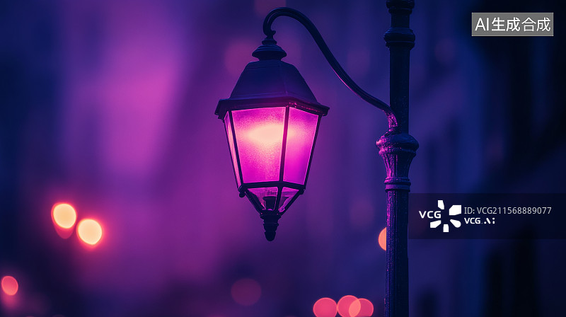 【AI数字艺术】夜晚街头的复古紫色路灯图片素材