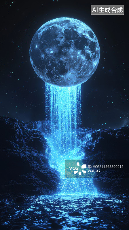 【AI数字艺术】月球释放水瀑布坠入海洋幻想场景图片素材