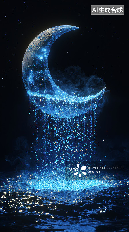 【AI数字艺术】月球释放水瀑布坠入海洋幻想场景图片素材