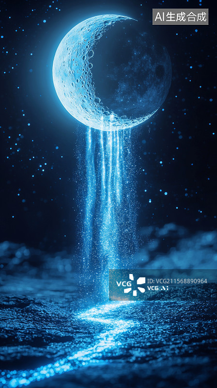 【AI数字艺术】月球释放水瀑布坠入海洋幻想场景图片素材