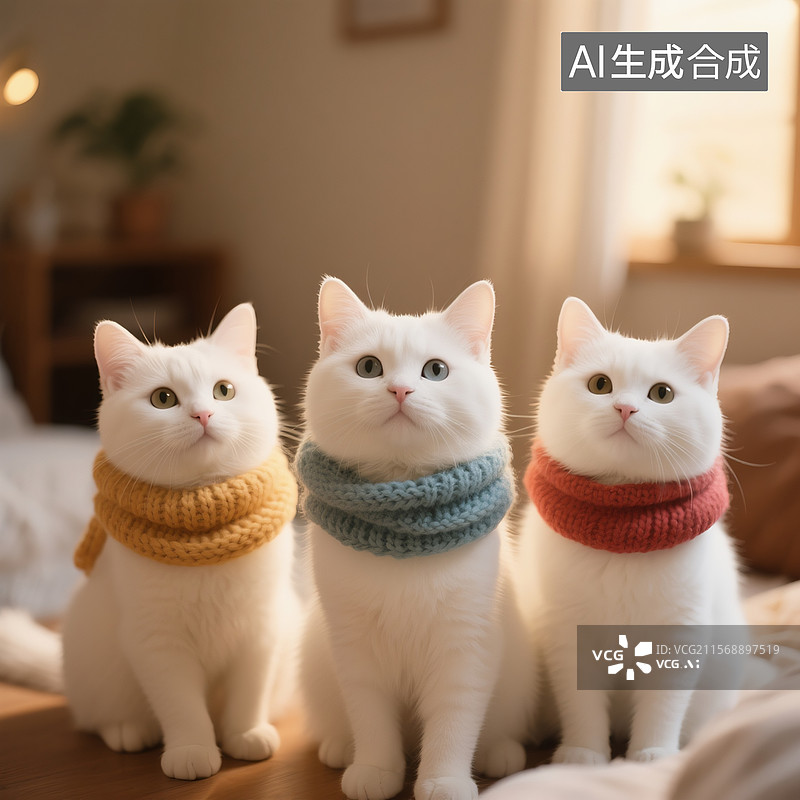 【AI数字艺术】三只带着不同颜色毛线围脖的小白猫，室内温馨场景，可爱风格图片素材