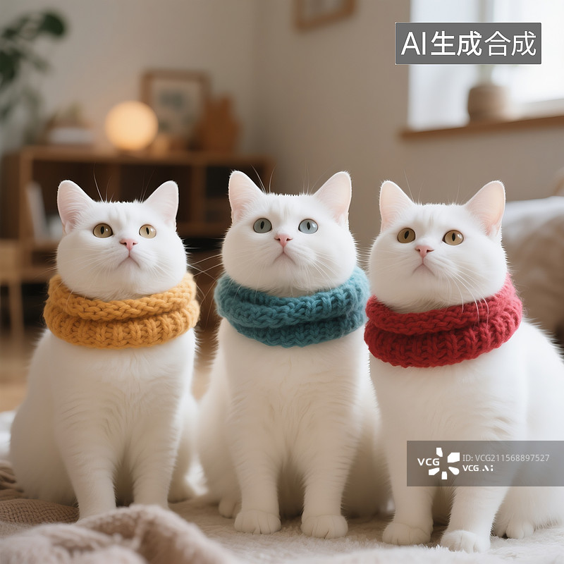 【AI数字艺术】三只带着不同颜色毛线围脖的小白猫，室内温馨场景，可爱风格图片素材