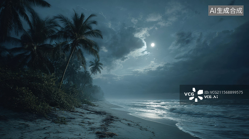 【AI数字艺术】月夜海滩图片素材