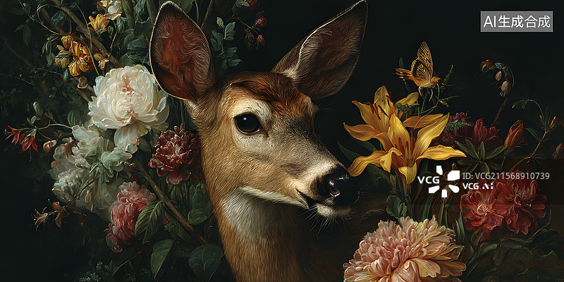 【AI数字艺术】梅花鹿 花朵图片素材