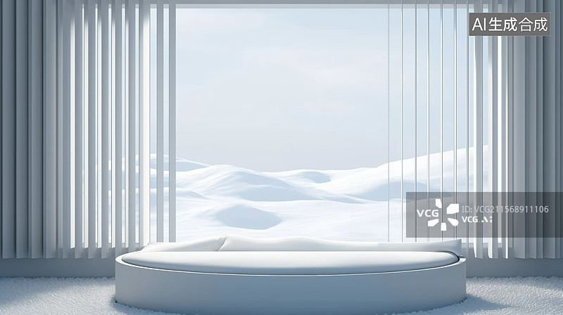 【AI数字艺术】现代简约室内设计，圆形床铺与雪景图片素材