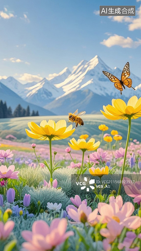 【AI数字艺术】蜜蜂与蝴蝶在花海中飞舞图片素材