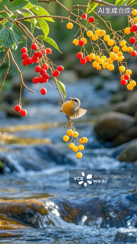 【AI数字艺术】小鸟栖息在浆果枝上图片素材