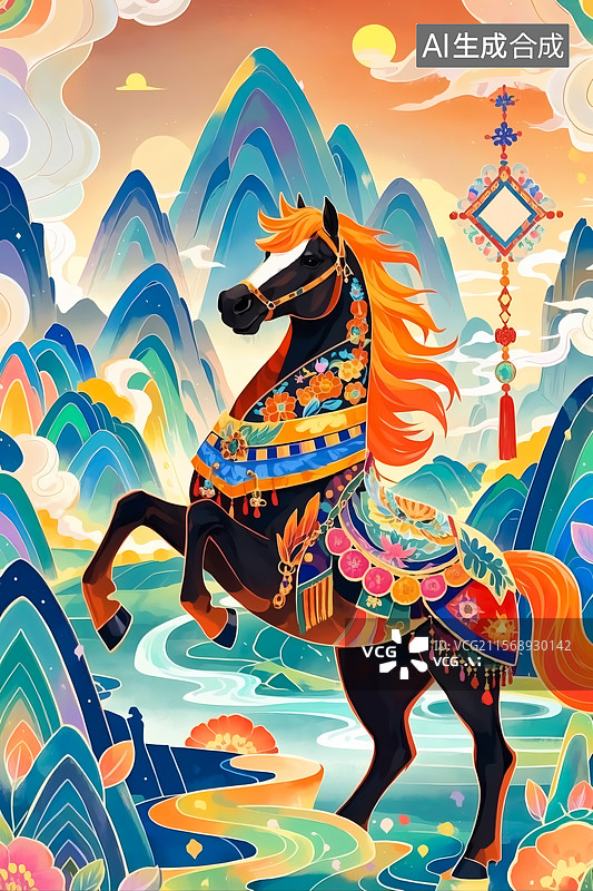 【AI数字艺术】骏马国潮风插画图片素材