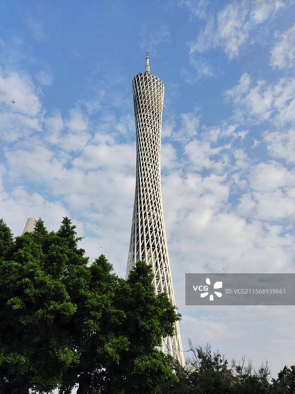高耸入云的广州塔在蓝天白云下显得格外雄伟壮观图片素材
