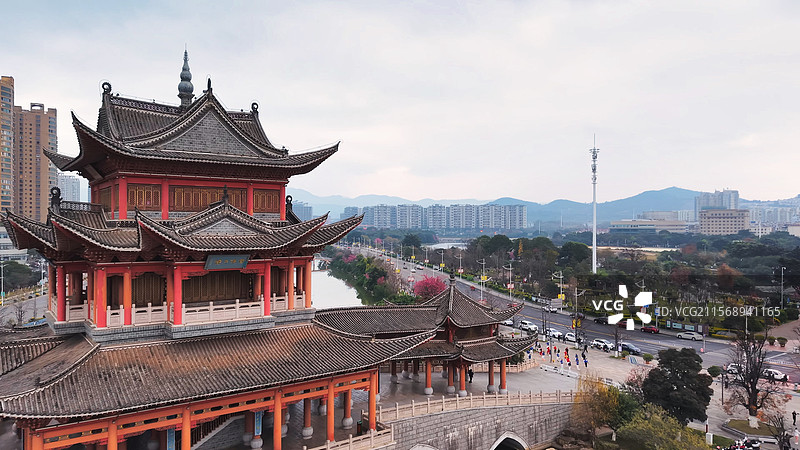 云南省玉溪市聂耳音乐广场及兰溪桥航拍图片素材