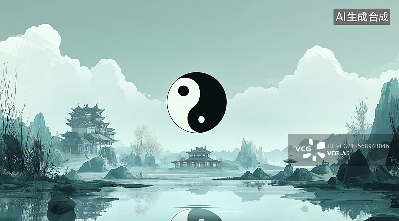 【AI数字艺术】在中国古镇中出现的太极图，展现了平衡、和谐的文化遗产和中国传统哲学，体现了中国文化的深远影响。图片素材