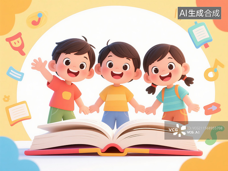 【AI数字艺术】充满童趣的卡通风格儿童读书插画图片素材