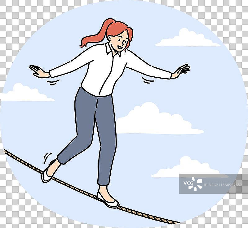 微笑的女商人在空中绳索上保持平衡图片素材