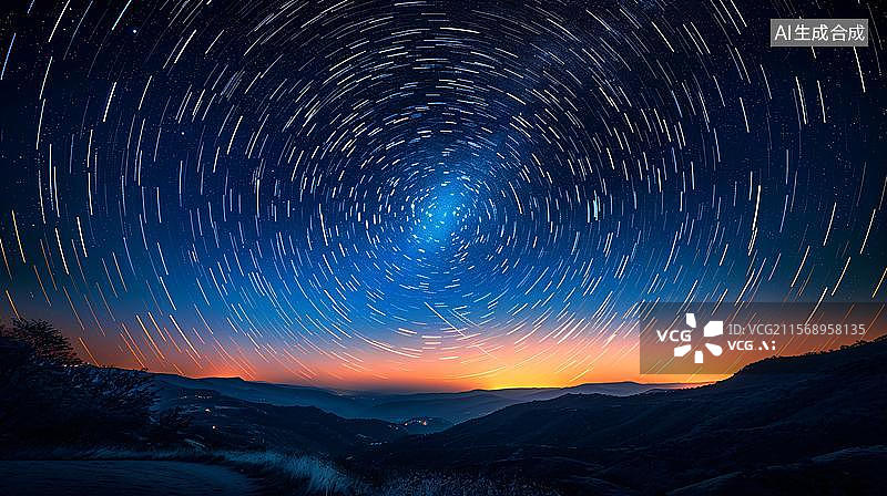 【AI数字艺术】星轨下的山峦剪影 夜空下的旋转星河图片素材