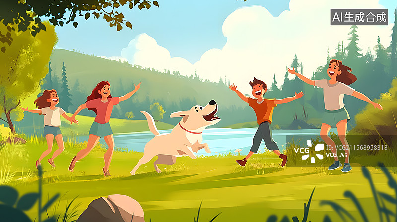 【AI数字艺术】公园里人与狗玩耍的扁平插画​图片素材