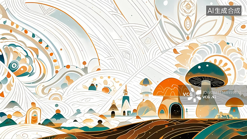 【AI数字艺术】春天田园蘑菇屋插画图片素材