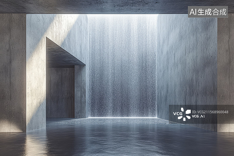 【AI数字艺术】混凝土室内瀑布景观图片素材