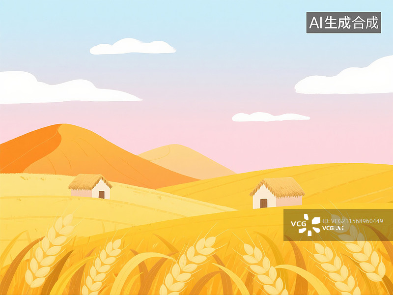 【AI数字艺术】简约扁平化芒种节气麦子丰收的插画图片素材