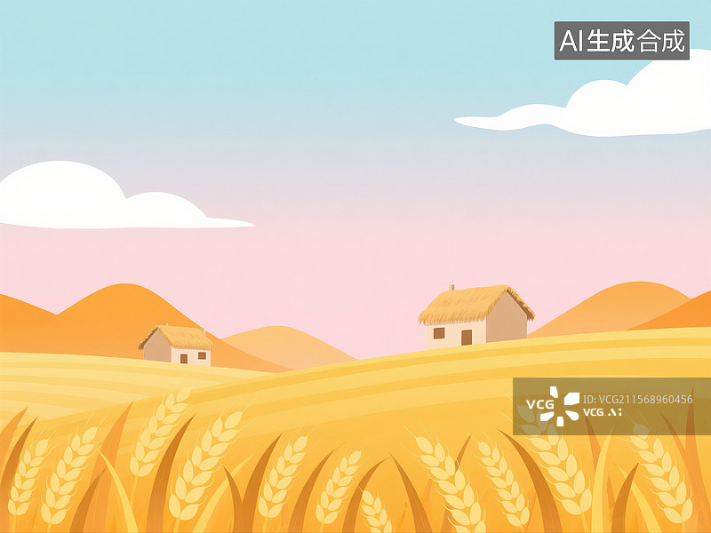 【AI数字艺术】简约扁平化芒种节气麦子丰收的插画图片素材