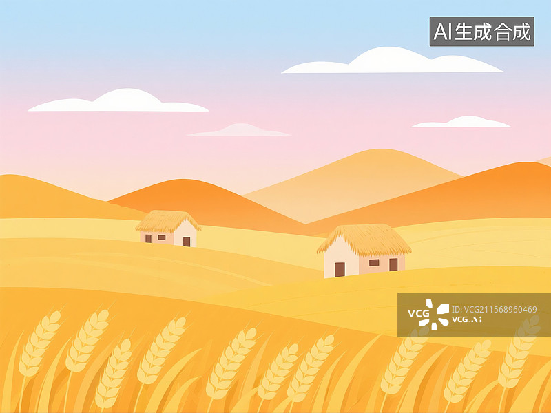 【AI数字艺术】简约扁平化芒种节气麦子丰收的插画图片素材
