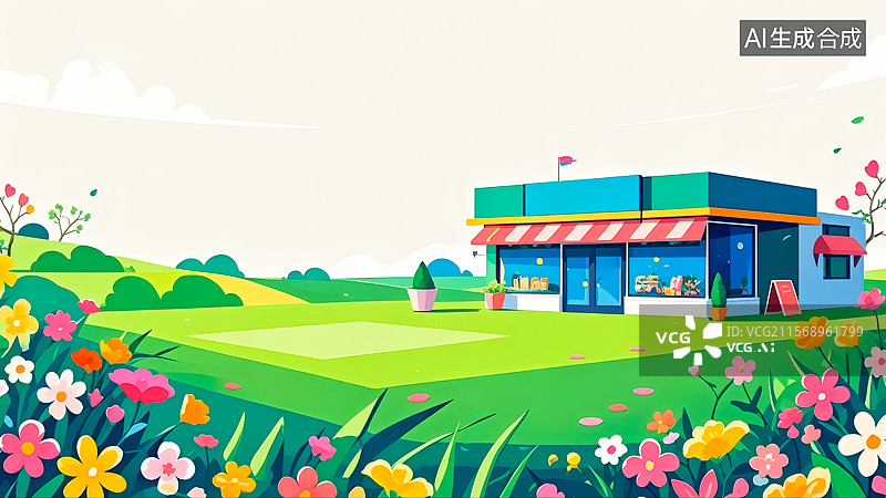 【AI数字艺术】2D卡通居下花园中的商店插画图片素材