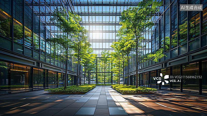 【AI数字艺术】城市森林小道的光影漫步 玻璃幕墙与绿意交织图片素材