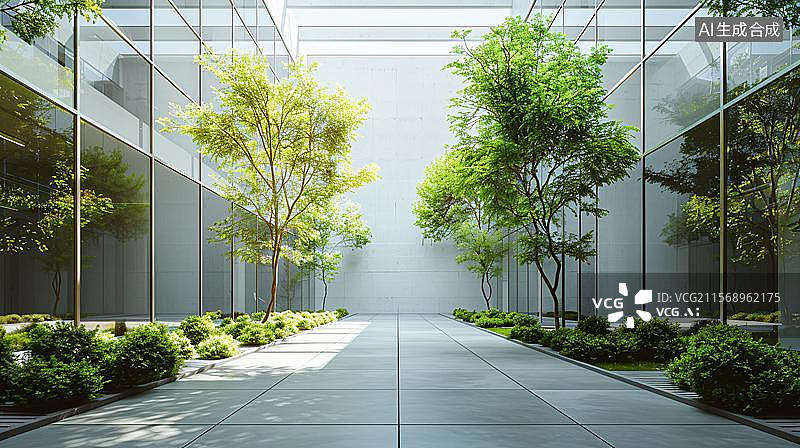 【AI数字艺术】城市森林小道的光影漫步 玻璃幕墙与绿意交织图片素材