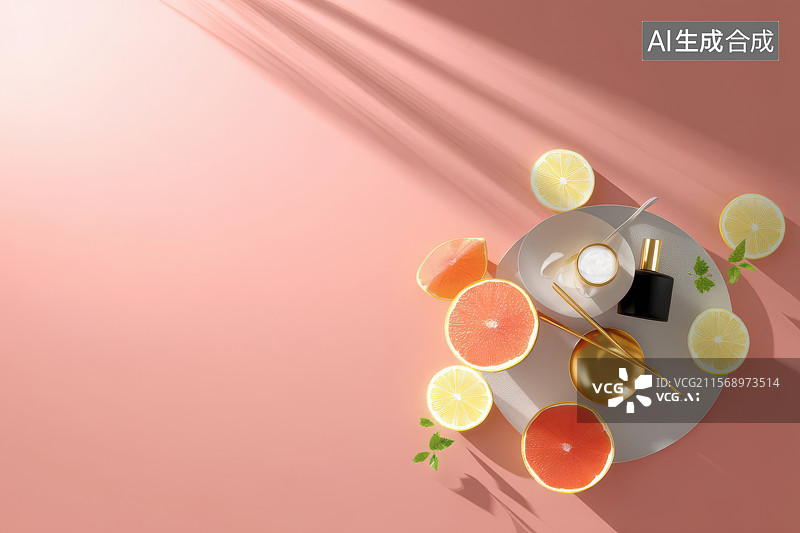 【AI数字艺术】柑橘切片与金属器皿的光影艺术图片素材